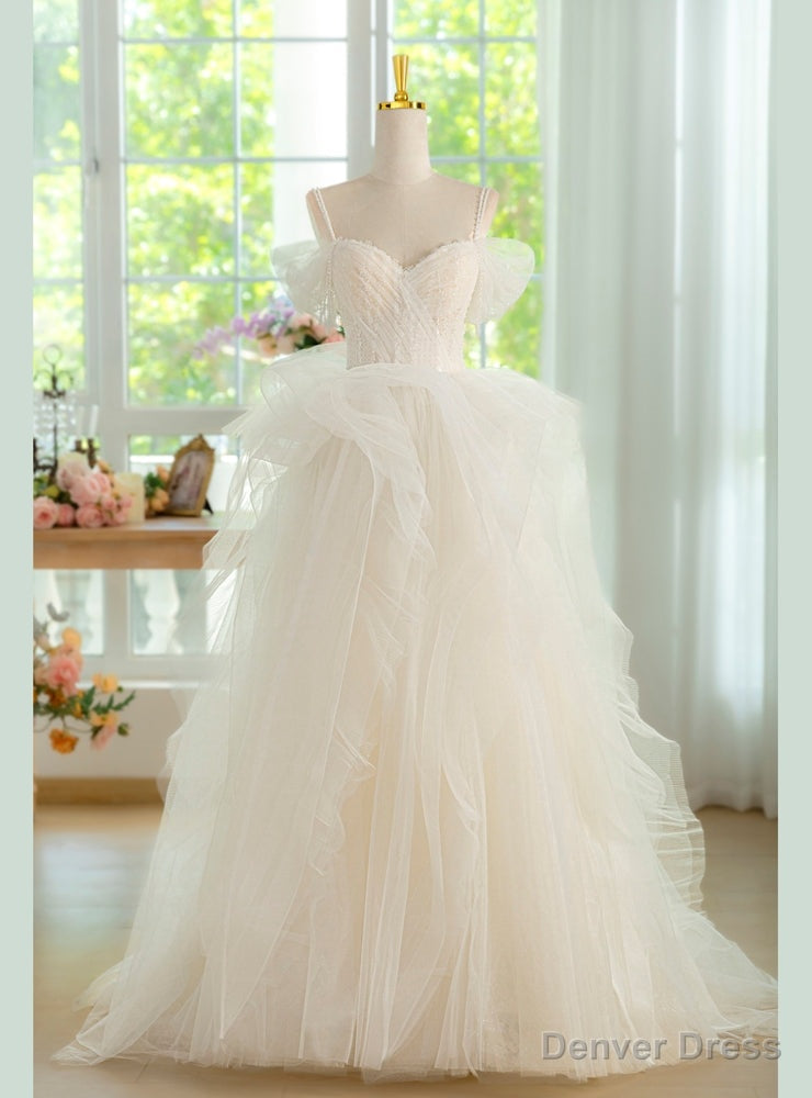 White Tulle Spaghetti Straps Pleats Beading Wedding Dresses Main image
