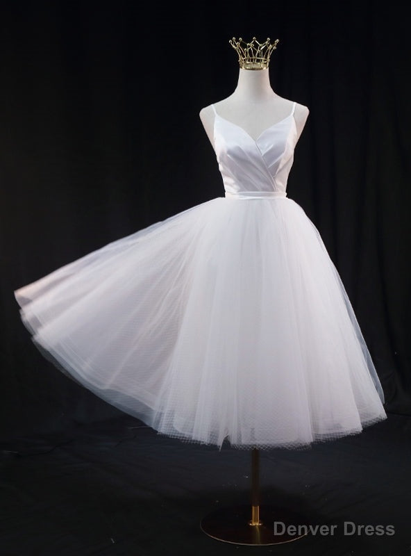 White Tulle Spaghetti Straps Short Wedding Dresses