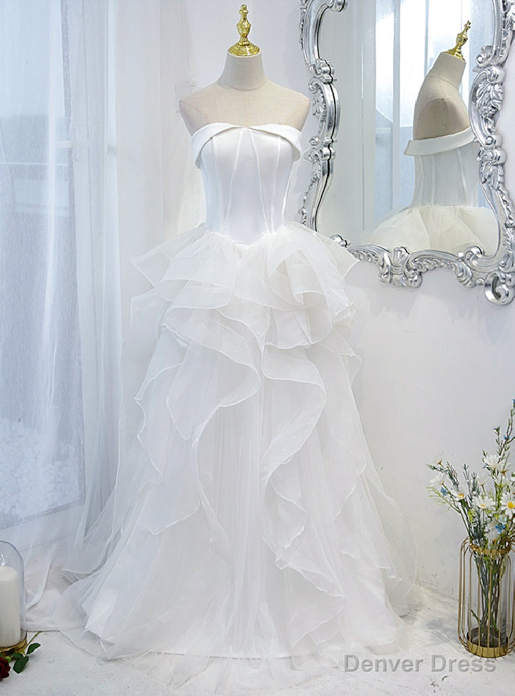 White Tulle Strapless Sleeveless Prom Dress Main image
