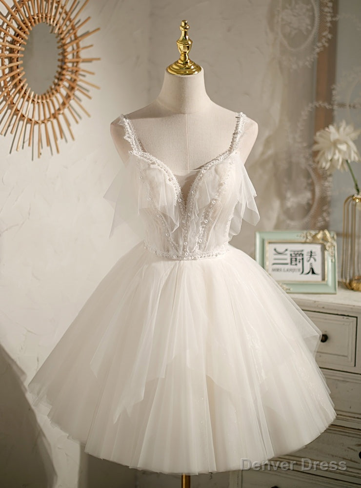 White Tulle Straps Pearls Homecoming Dresses Main image