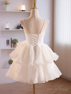 White Tulle Straps Short Graduation Dress, White Tulle Sweetheart Prom Dresses