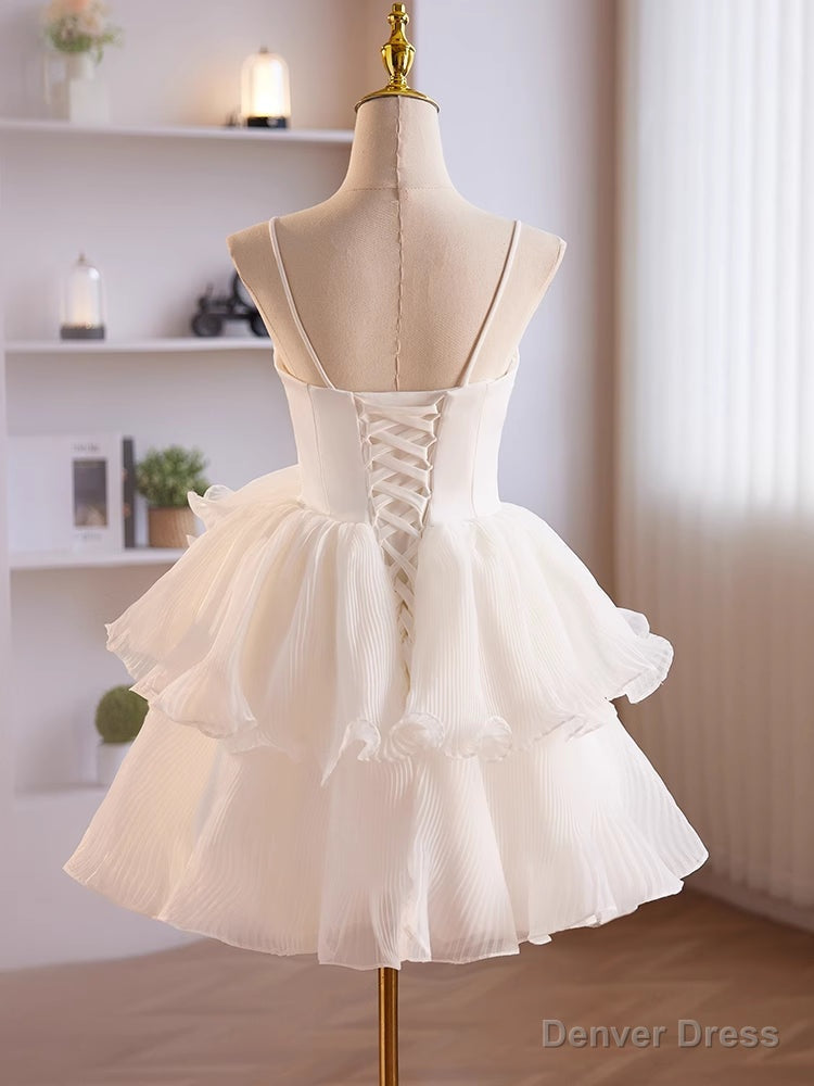 White Tulle Straps Short Graduation Dress, White Tulle Sweetheart Prom Dresses