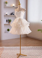 White Tulle Straps Short Graduation Dress, White Tulle Sweetheart Prom Dresses