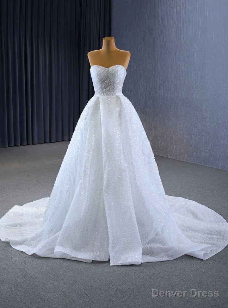 White Tulle Sweetheart Pearls Wedding Dress Main image