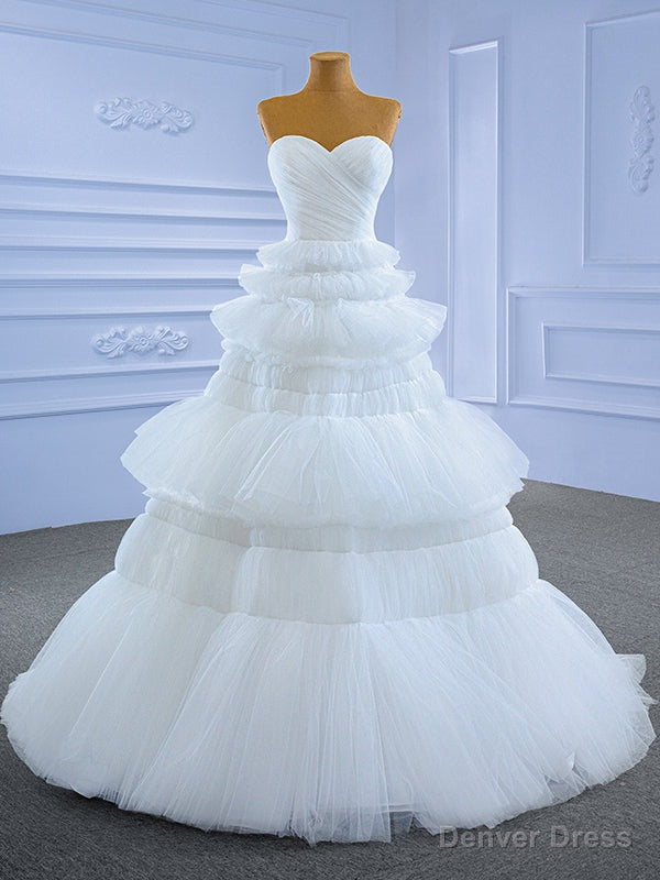 White Tulle Sweetheart Pleats Tiers Wedding Dress Main image