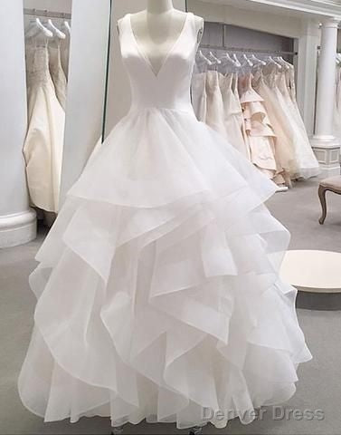 White Tulle V Neck Long Ruffles Prom Dress, Wedding Dresses Main image