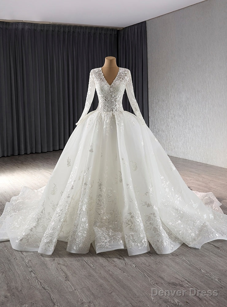 White Tulle V-neck Long Sleeve Lace Appliques Wedding Dress Main image