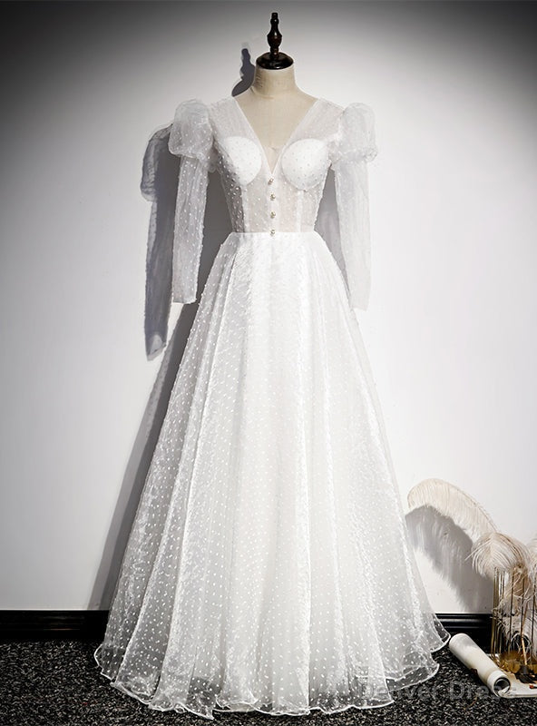 White Tulle V-neck Long Sleeve See Through Top Prom Dress Main image