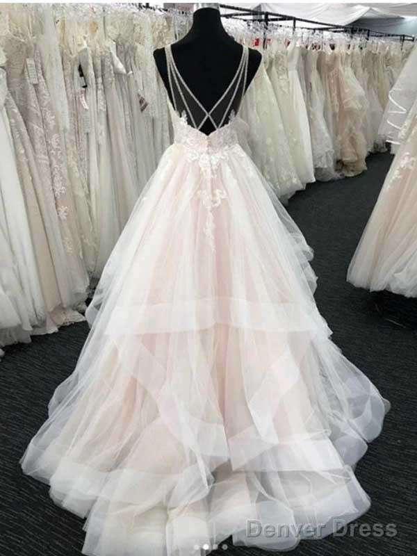 White Tulle V-Neck Open Back Long Wedding Dresses, Secondary image