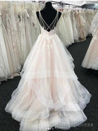 White Tulle V-Neck Open Back Long Wedding Dresses,