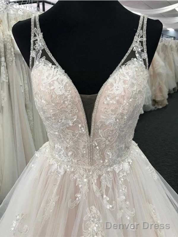 White Tulle V-Neck Open Back Long Wedding Dresses,