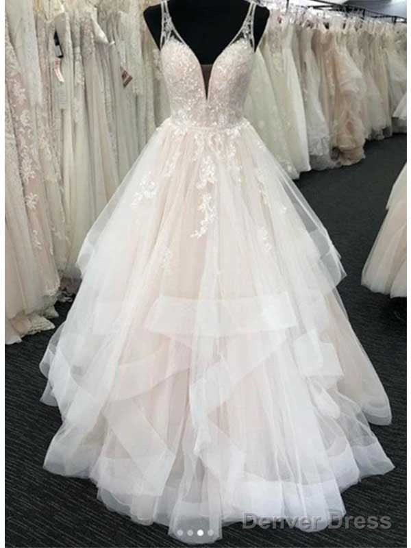 White Tulle V-Neck Open Back Long Wedding Dresses, Main image