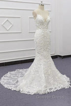 White Tulle Wedding Dresses Lace Appliques Spaghetti Straps Mermaid Bridal Dresses Open Back