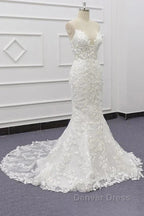 White Tulle Wedding Dress Lace Appliques Spaghetti Straps Mermaid Bridal Dresses Open Back