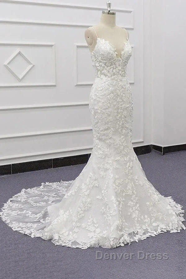 White Tulle Wedding Dress Lace Appliques Spaghetti Straps Mermaid Bridal Dresses Open Back