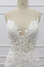 White Tulle Wedding Dress Lace Appliques Spaghetti Straps Mermaid Bridal Dresses Open Back