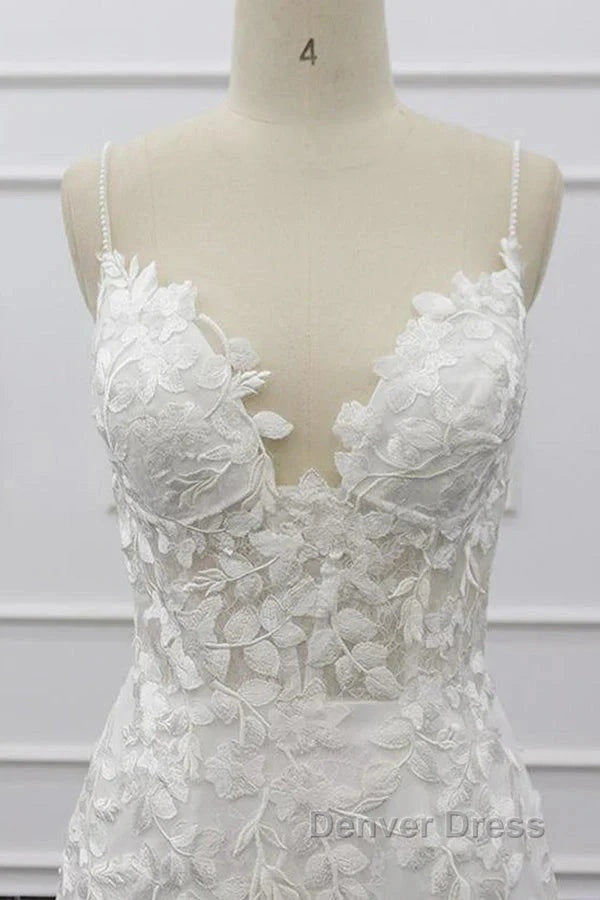 White Tulle Wedding Dress Lace Appliques Spaghetti Straps Mermaid Bridal Dresses Open Back