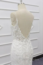 White Tulle Wedding Dresses Lace Appliques Spaghetti Straps Mermaid Bridal Dresses Open Back