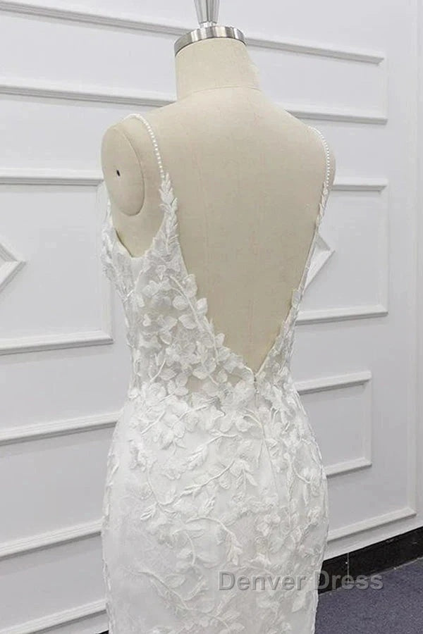 White Tulle Wedding Dress Lace Appliques Spaghetti Straps Mermaid Bridal Dresses Open Back