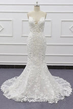 White Tulle Wedding Dress Lace Appliques Spaghetti Straps Mermaid Bridal Dresses Open Back