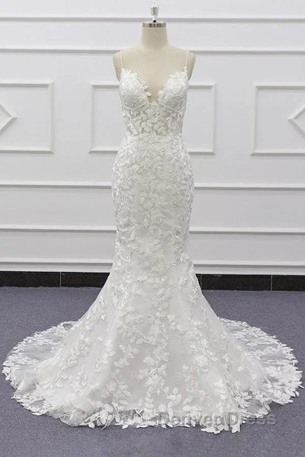 White Tulle Wedding Dress Lace Appliques Spaghetti Straps Mermaid Bridal Dresses Open Back