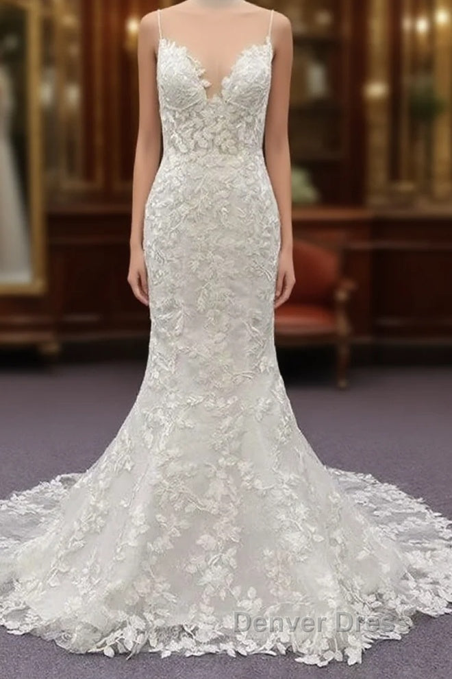 White Tulle Wedding Dress Lace Appliques Spaghetti Straps Mermaid Bridal Dresses Open Back Main image
