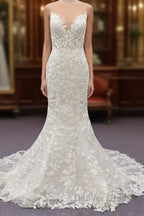 White Tulle Wedding Dress Lace Appliques Spaghetti Straps Mermaid Bridal Dresses Open Back