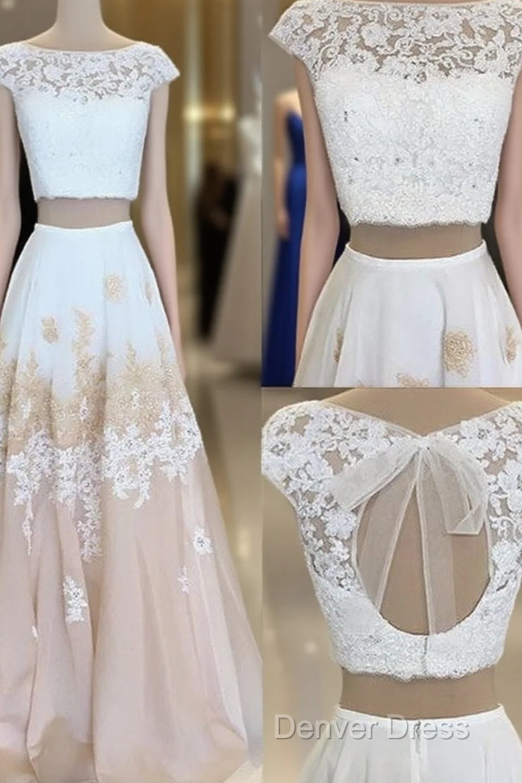 White Two Pieces Lace Long Prom Dresses, White Evening Dresses Main image