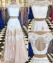 White Two Pieces Lace Long Prom Dress, White Evening Dress