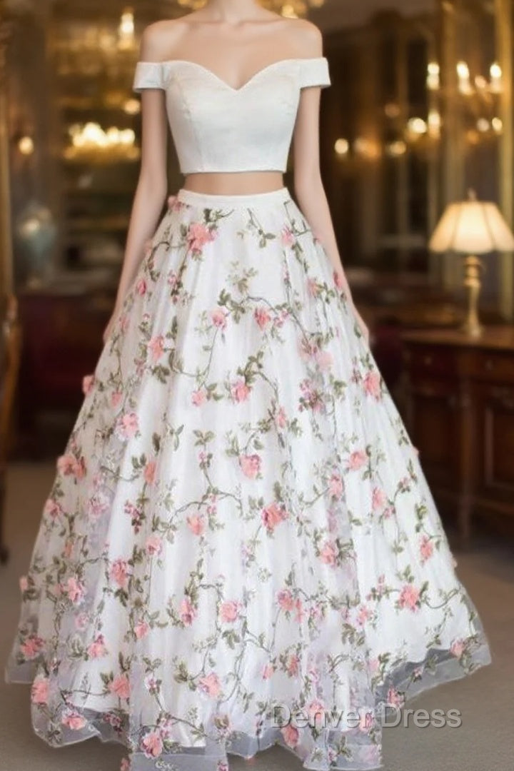 White Two Pieces Tulle Long Prom Dresses, Tulle Evening Dresses 0021 Main image