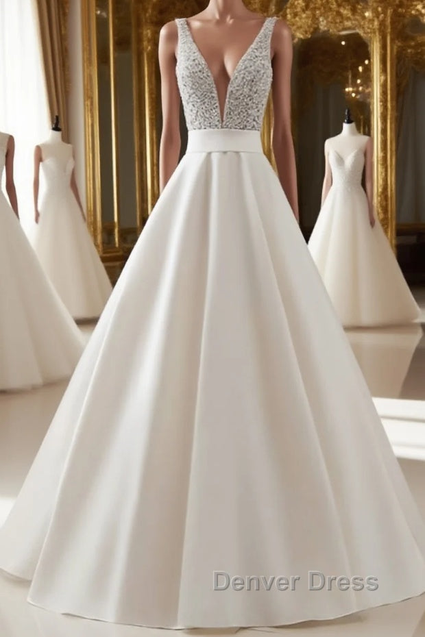White v neck beads sequin long prom Dress, white Prom Dresses Main image