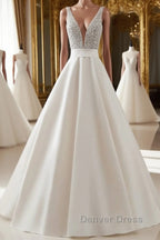 White v neck beads sequin long prom Dress, white Prom Dresses