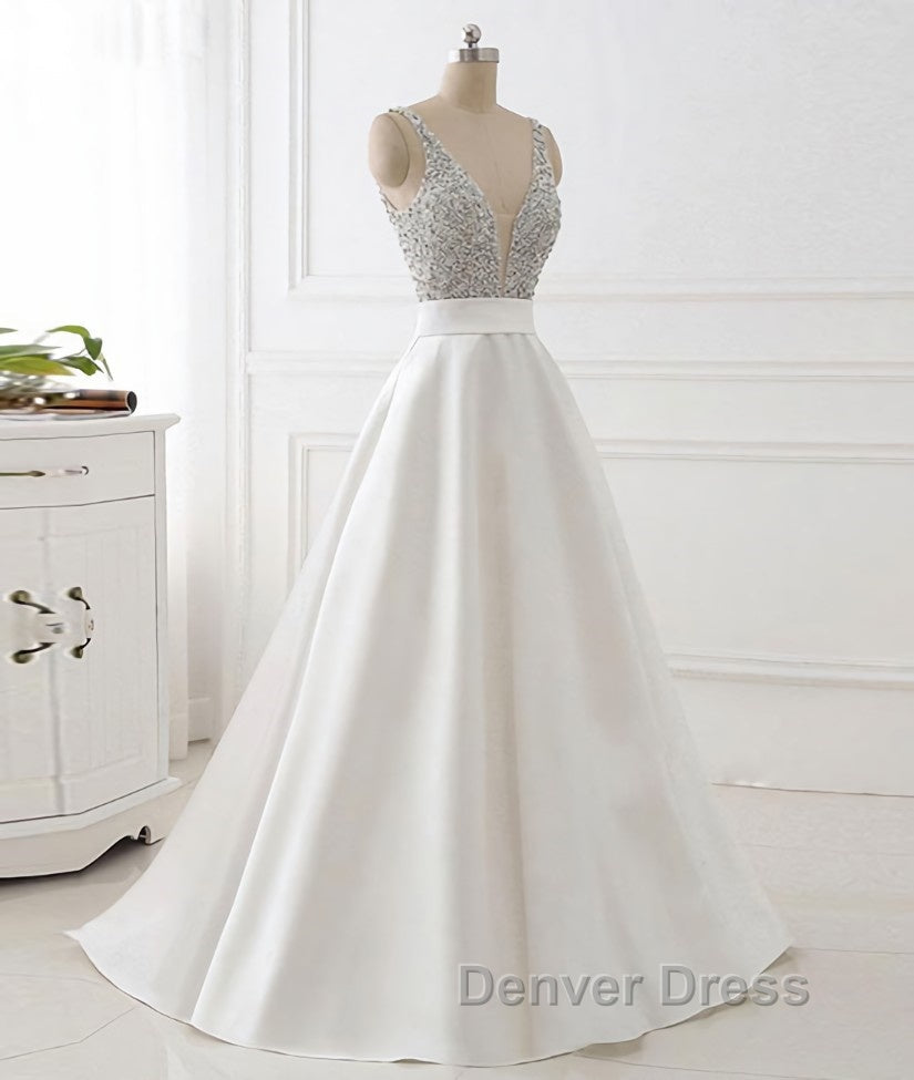 White v neck beads sequin long prom Dress, white Prom Dresses Secondary image
