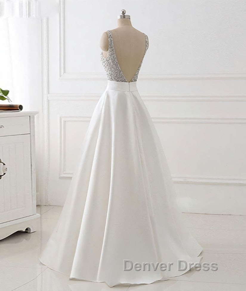 White v neck beads sequin long prom Dress, white Prom Dresses