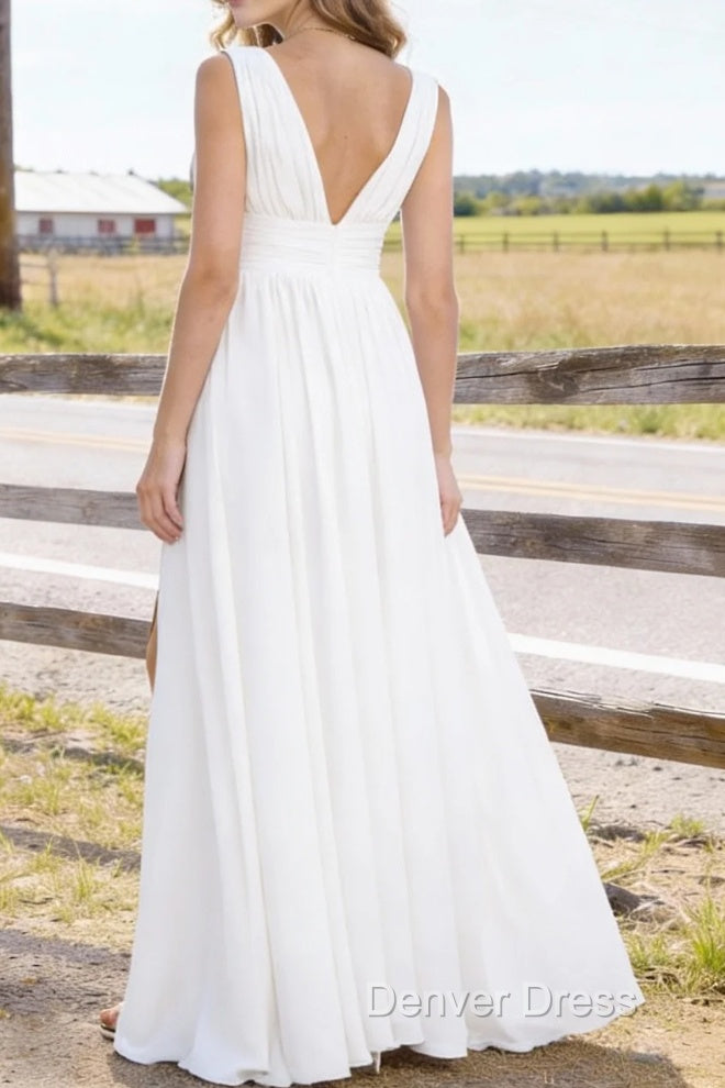 White V Neck Chiffon Floor Length Bridesmaid Dress Long Bridesmaid Dresses With Pleated Split Secondary image