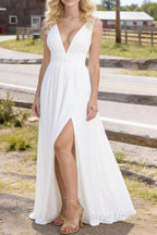 White V Neck Chiffon Floor Length Bridesmaid Dress Long Bridesmaid Dresses With Pleated Split