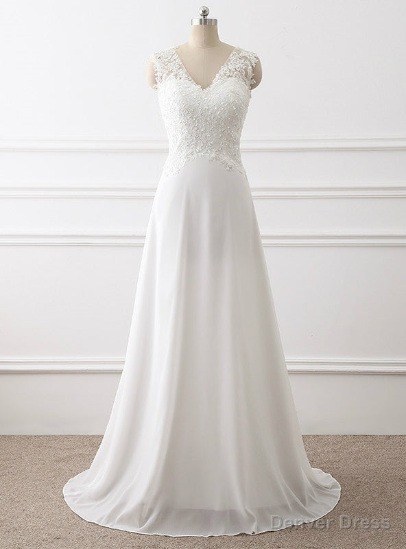 White V-neck Chiffon Lace Beading Wedding Dress Main image