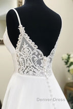 White v neck chiffon long prom Dress, white lace Prom Dresses