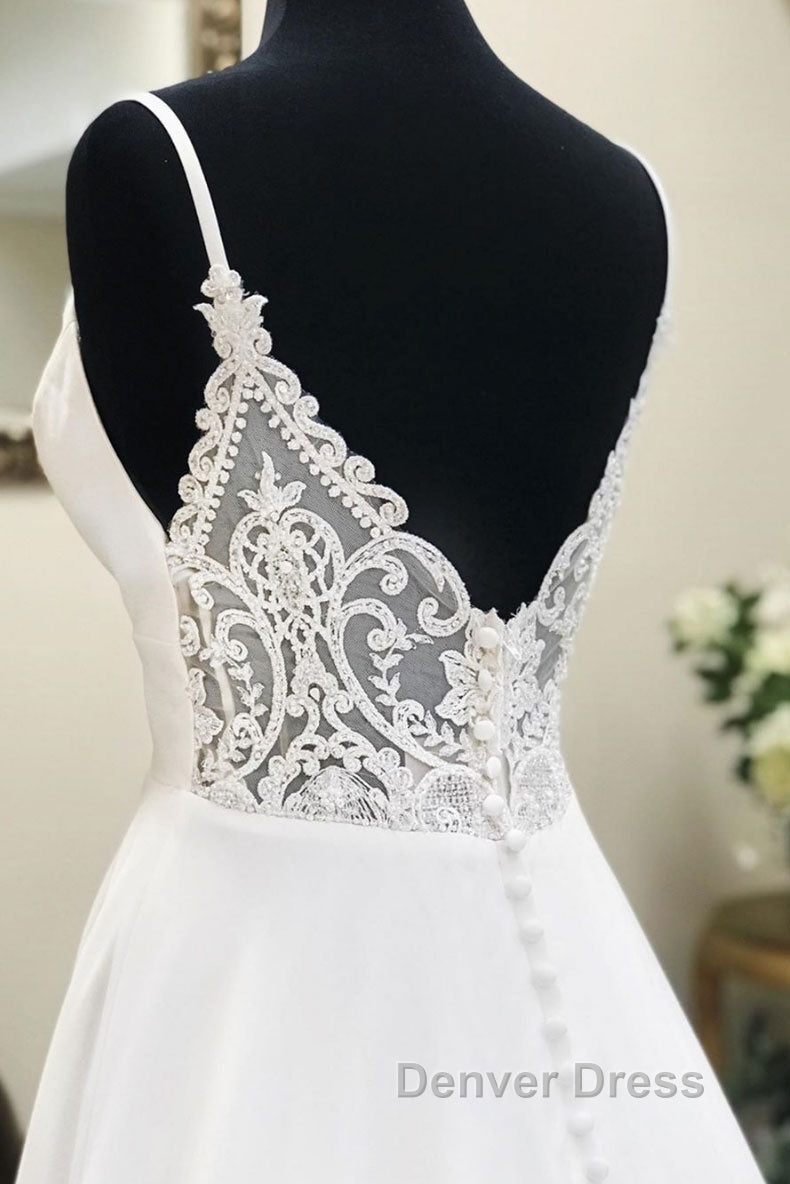 White v neck chiffon long prom Dress, white lace Prom Dresses