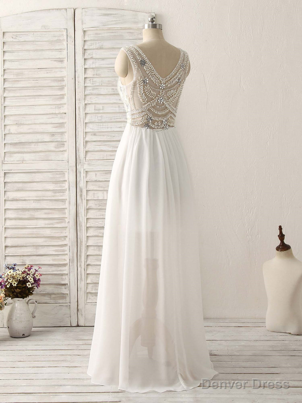 White V Neck Chiffon Long Prom Dress, White Long Prom Dresses