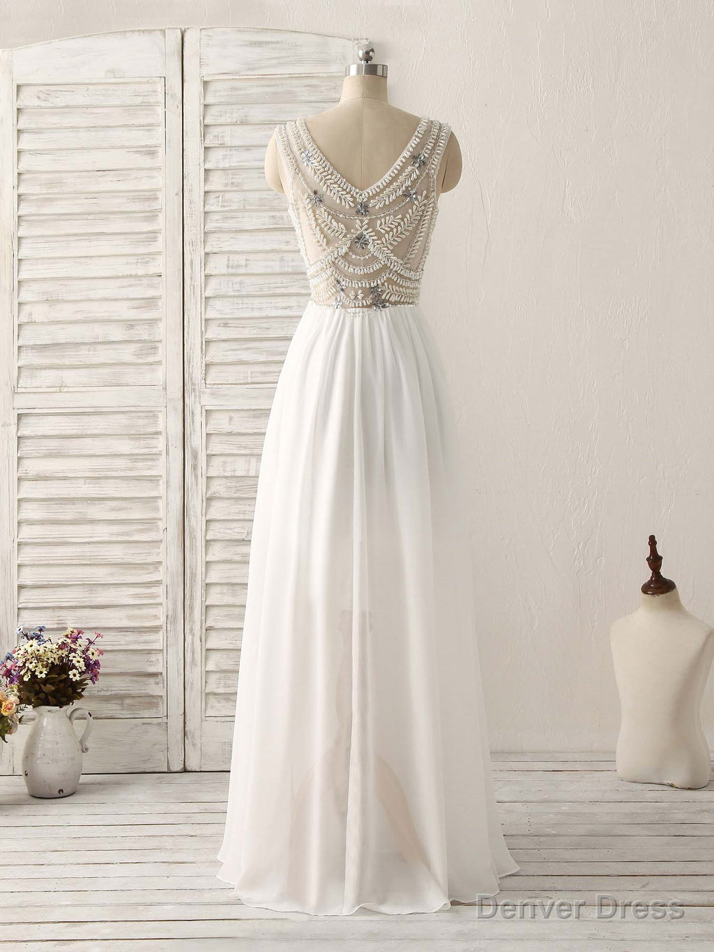 White V Neck Chiffon Long Prom Dress, White Long Prom Dresses