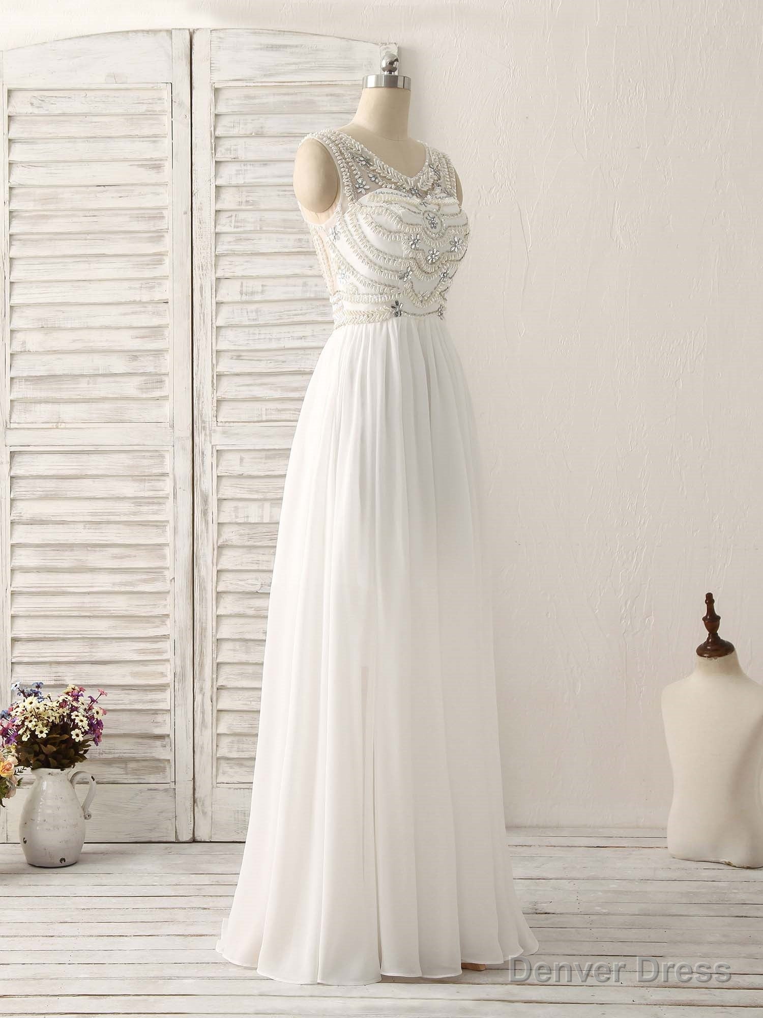 White v neck long prom dress, white evening dress main image 1