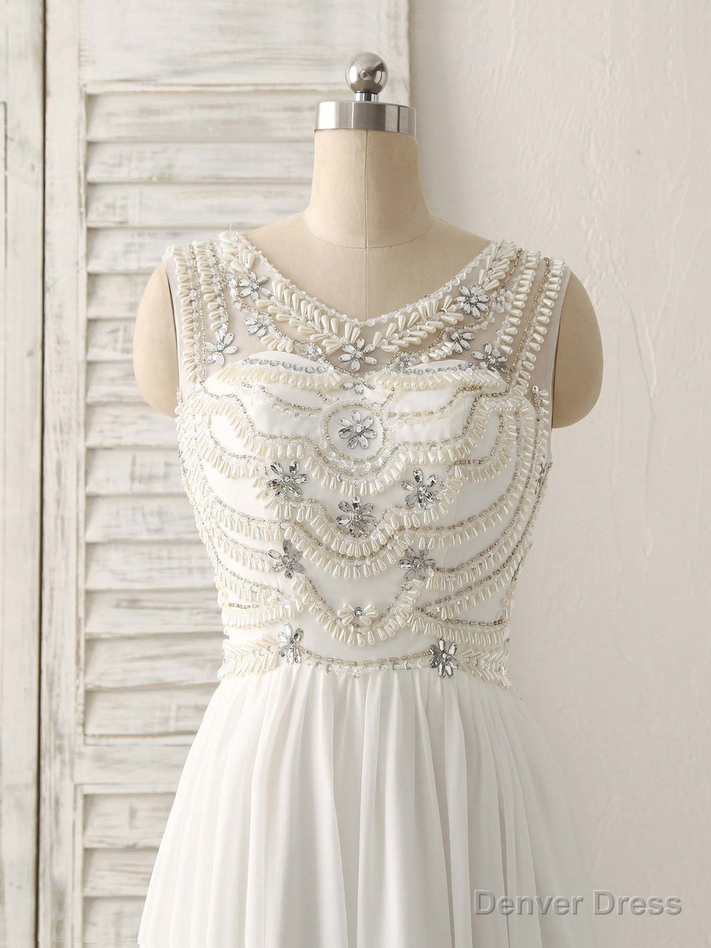 White V Neck Chiffon Long Prom Dress, White Long Prom Dresses