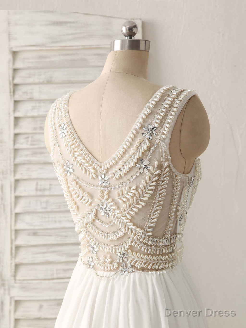 White V Neck Chiffon Long Prom Dress, White Long Prom Dresses