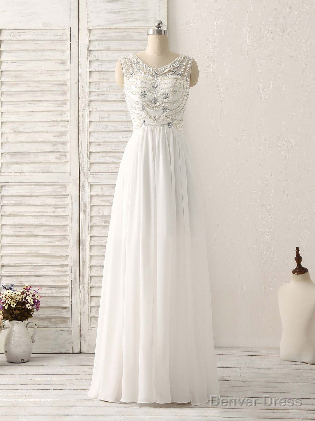 White V Neck Chiffon Long Prom Dress, White Long Prom Dresses