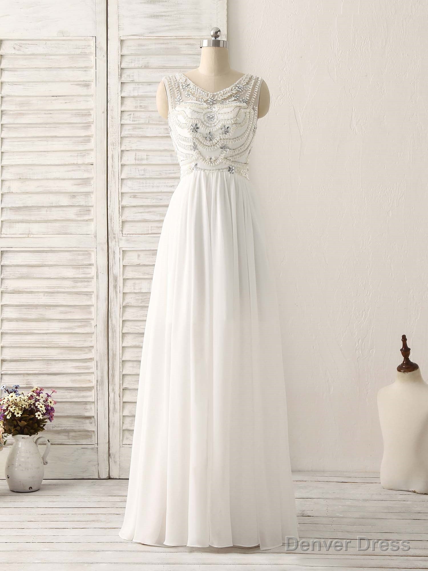 White V Neck Chiffon Long Prom Dresses, White Long Evening Dresses