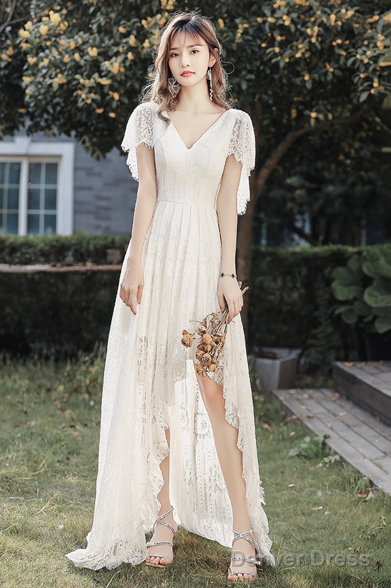 White V-Neck Lace High Low Prom Dress, White Evening Dress Secondary image