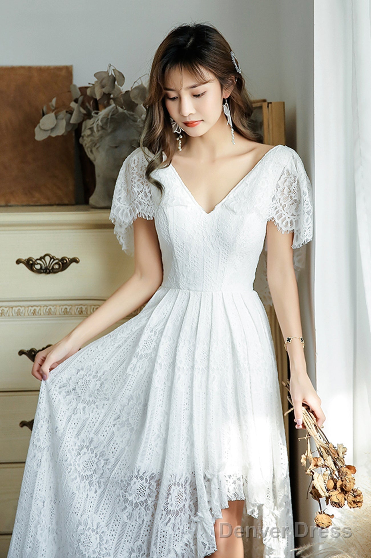 White V-Neck Lace High Low Prom Dress, White Evening Dress
