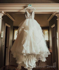 White V Neck Lace Tulle Long Prom Dress, White Wedding Dress