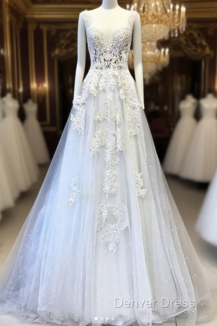 White V Neck Lace Tulle Long Wedding Dresses, Lace Prom Dresses Main image
